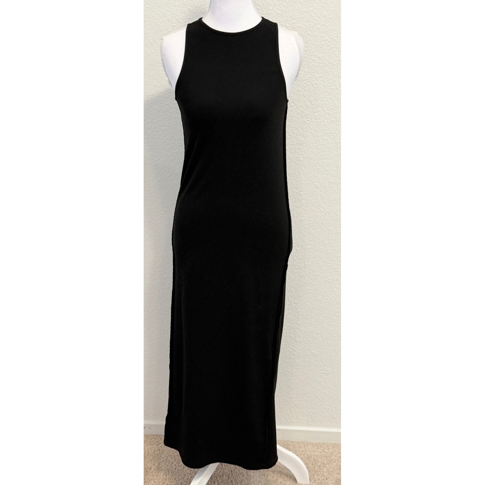MOD REF Black Ribbed Knit Sleeveless Midi Dress Small High Neck Raw Seam